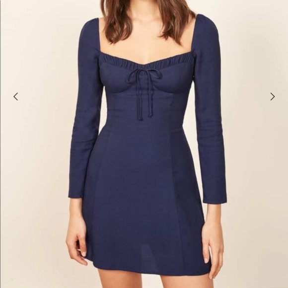 Reformation Sydney Long Sleeve Bow Tie Mini Dress in Blue/Danube NWOT - Picture 1 of 7